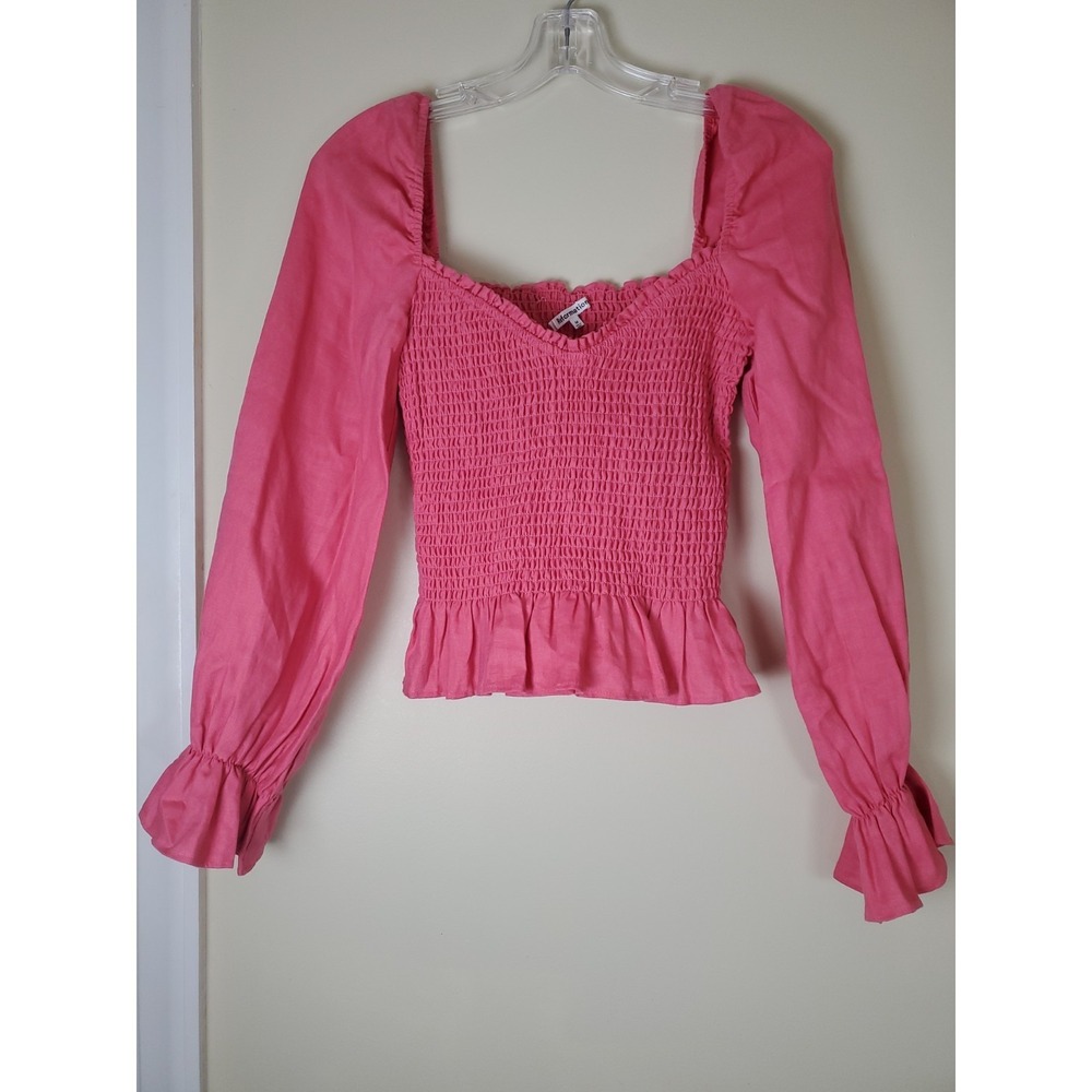 Reformation Cambria Linen Blouse Pink Peplum Sleeve Smocked Sweetheart Medium